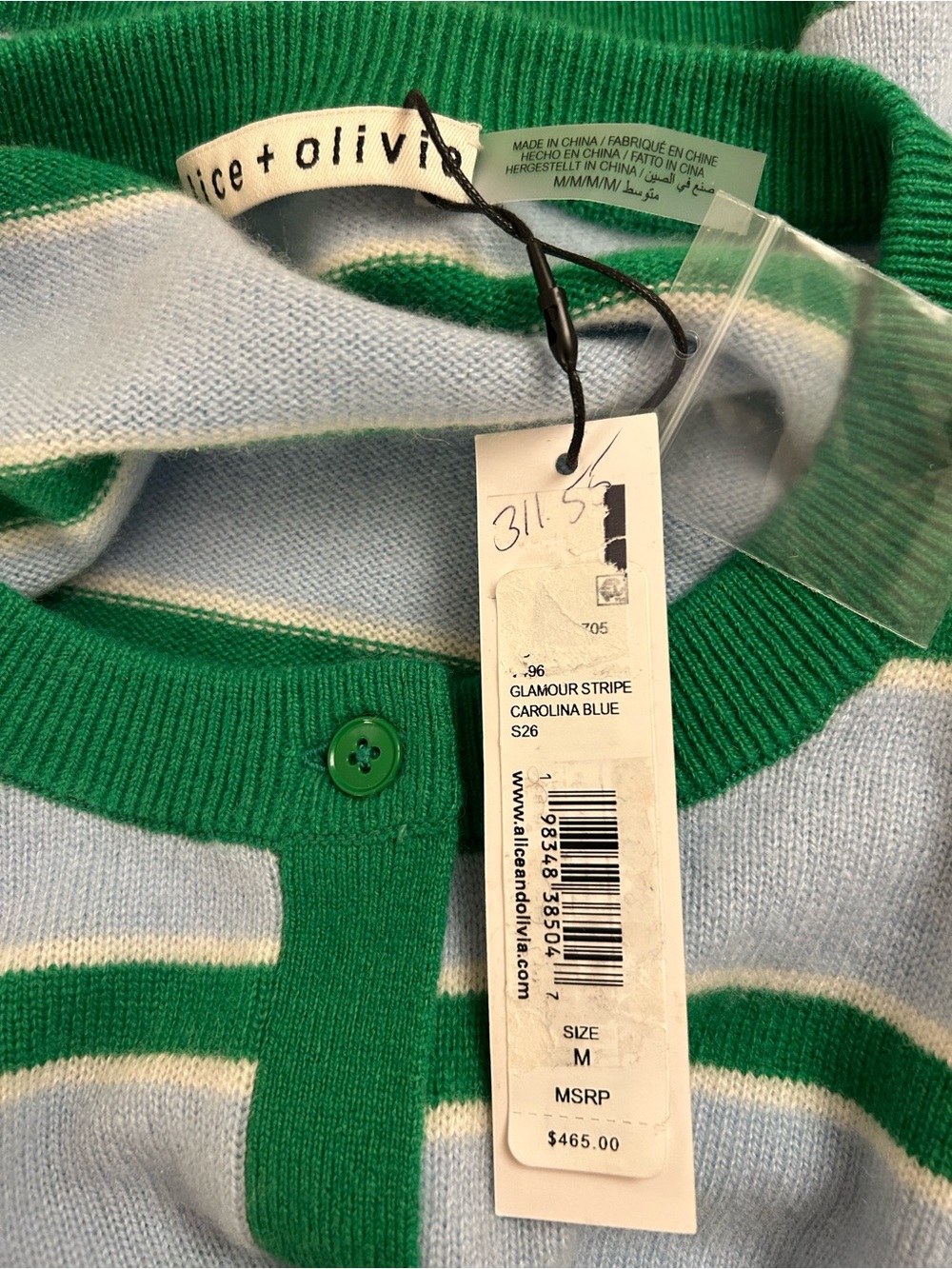 ALICE + OLIVIA Dollie Stripe Crop Cashmere Cardigan Glamour Stripe Carolina Blue - Picture 7 of 9